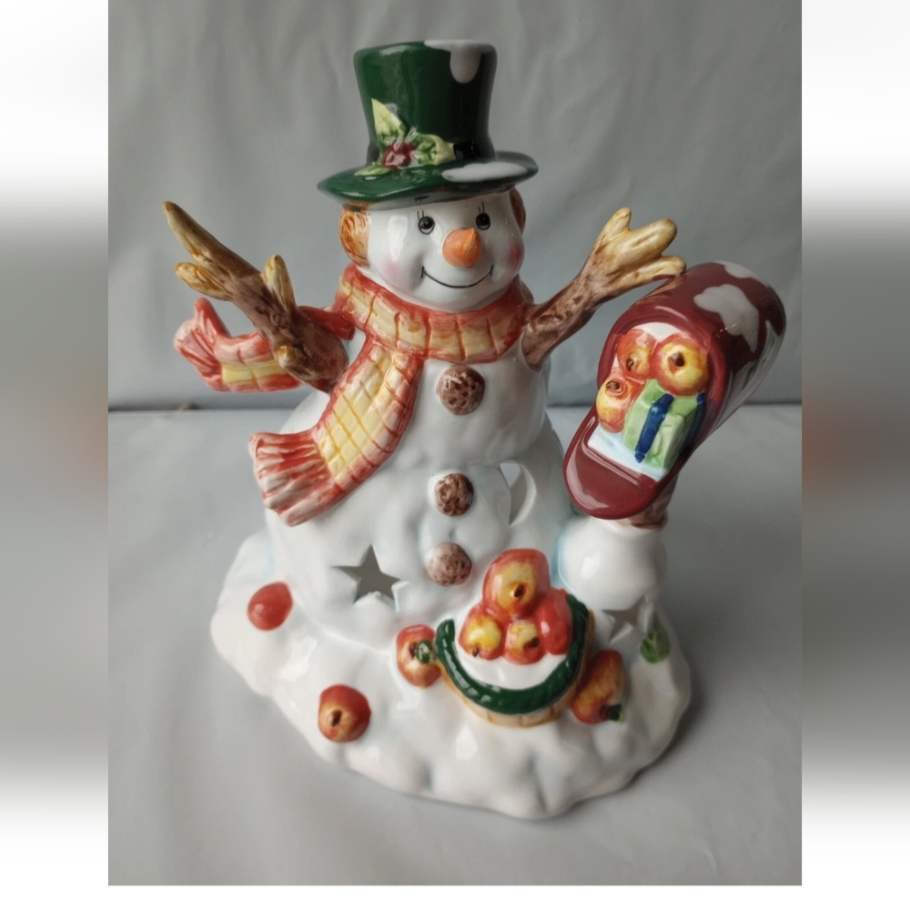 Christmas Snowman Tealight at Mailbox With Apples Ceramic 2001 Vintage